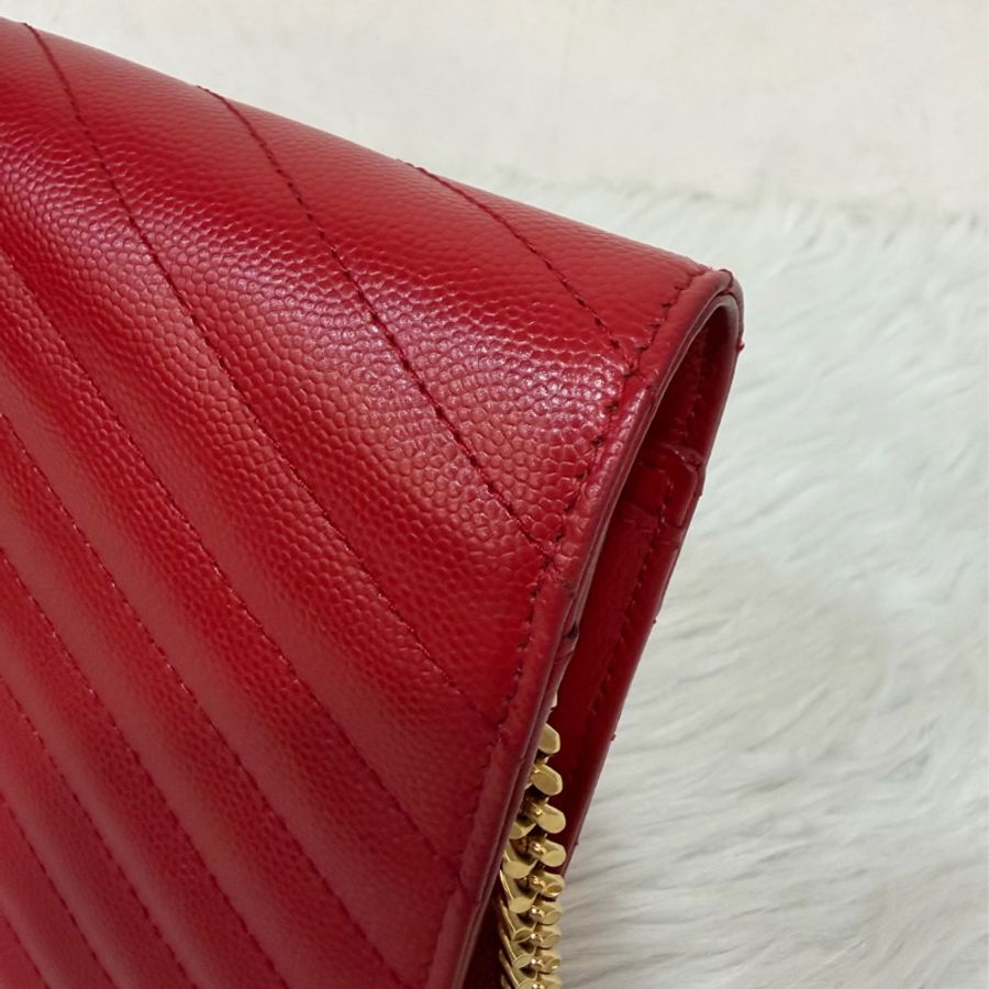 YSL 377828 WOC 紅色荔紋皮革金鍊斜背包 斜挎包 鍊子長夾 手拿包 肩背包-16