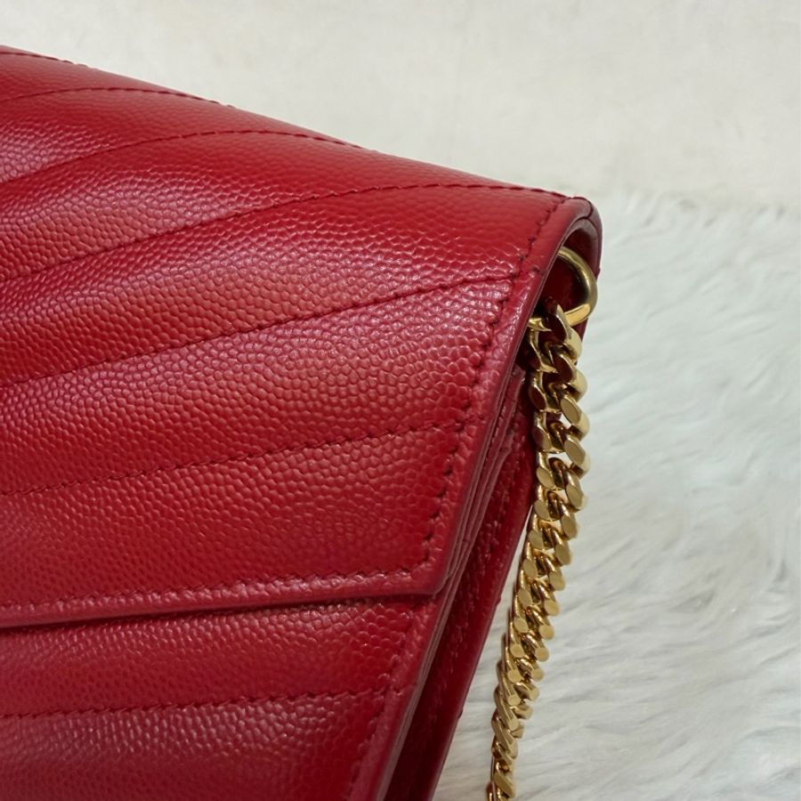 YSL 377828 WOC 紅色荔紋皮革金鍊斜背包 斜挎包 鍊子長夾 手拿包 肩背包-17