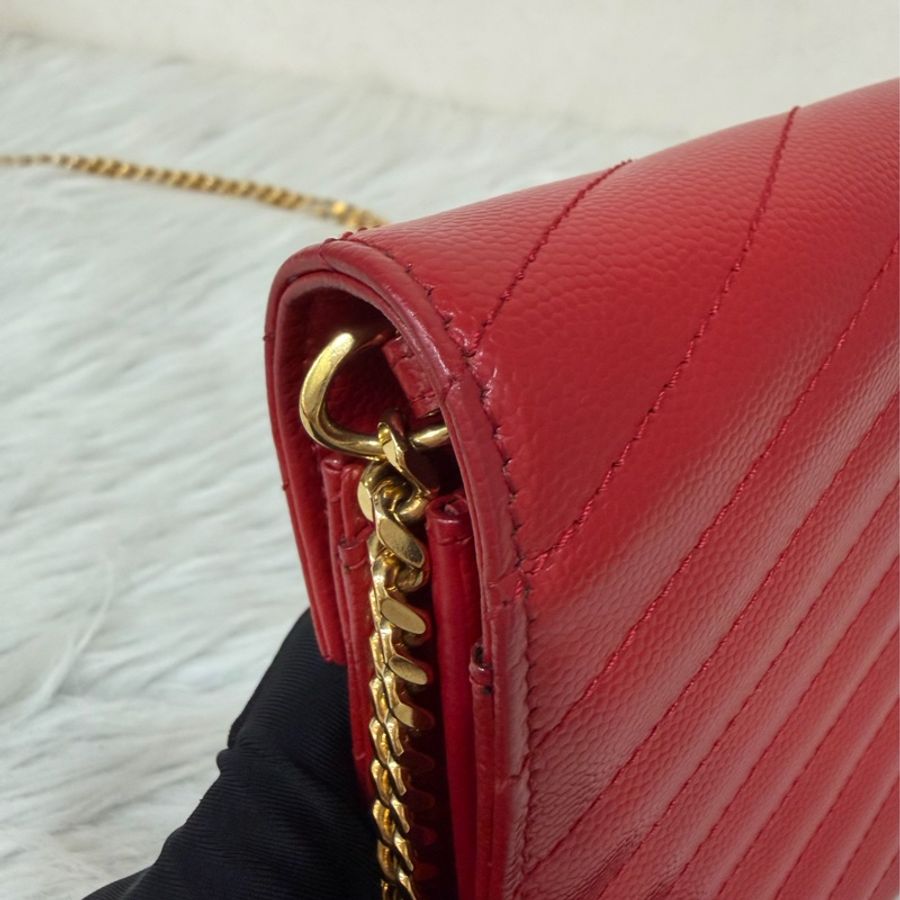 YSL 377828 WOC 紅色荔紋皮革金鍊斜背包 斜挎包 鍊子長夾 手拿包 肩背包-19