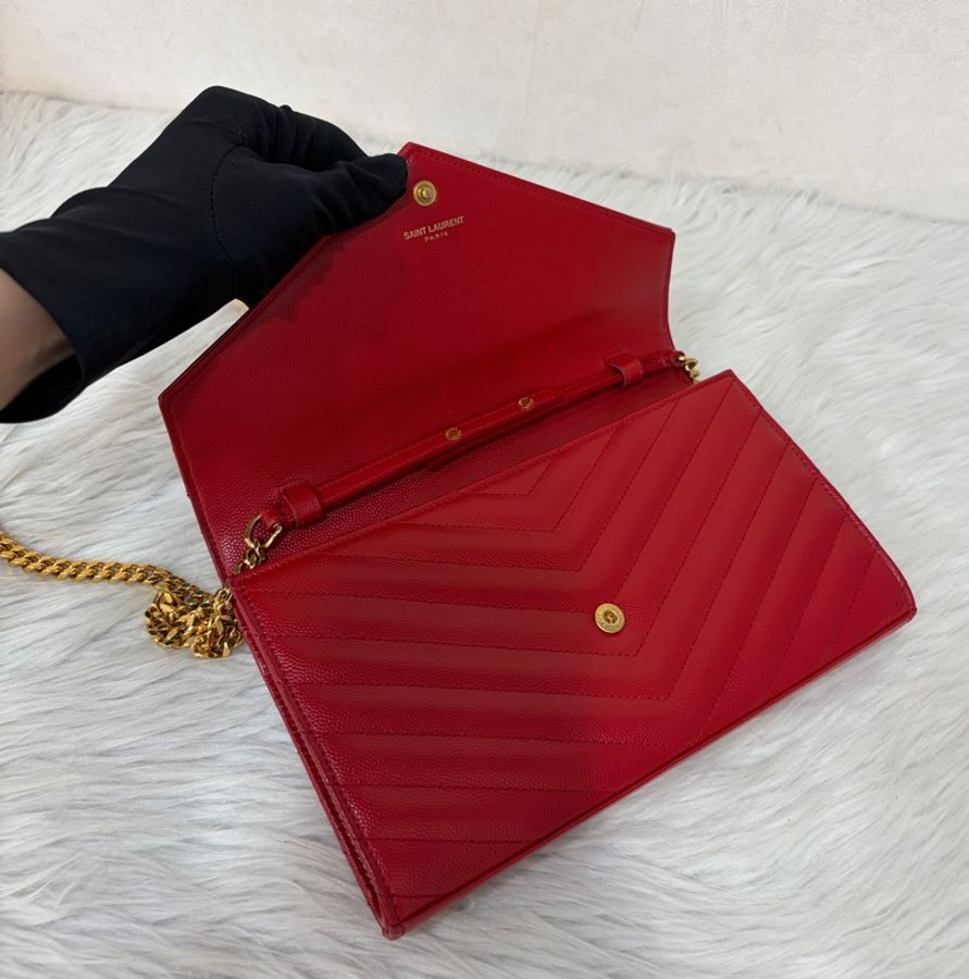 YSL 377828 WOC 紅色荔紋皮革金鍊斜背包 斜挎包 鍊子長夾 手拿包 肩背包-20
