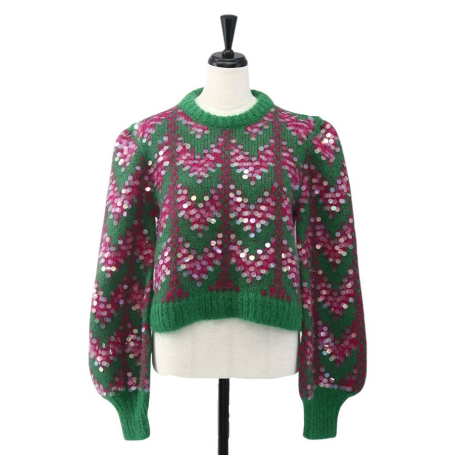 【日本直送】GUCCI 人字紋亮片針織毛衣 羊毛 綠色 713233 正品 169947V-0