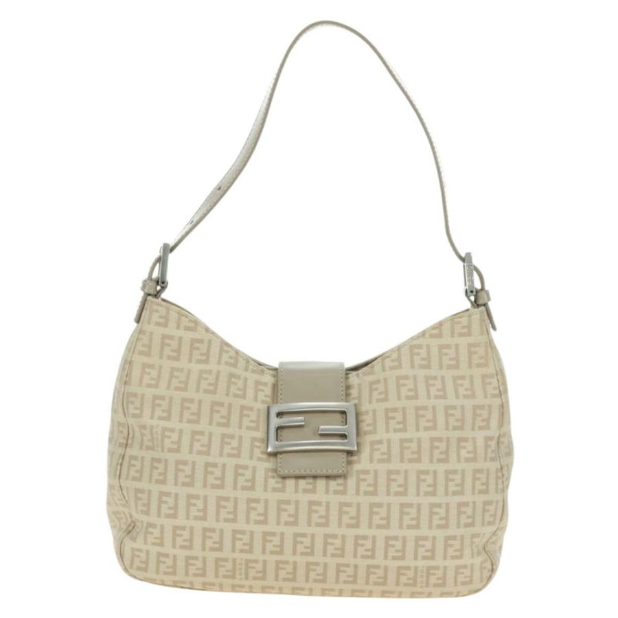 【日本直送】FENDI Zucchino帆布Mamma Baguette單肩包 米色 銀色 正品 ki6644SAV-1