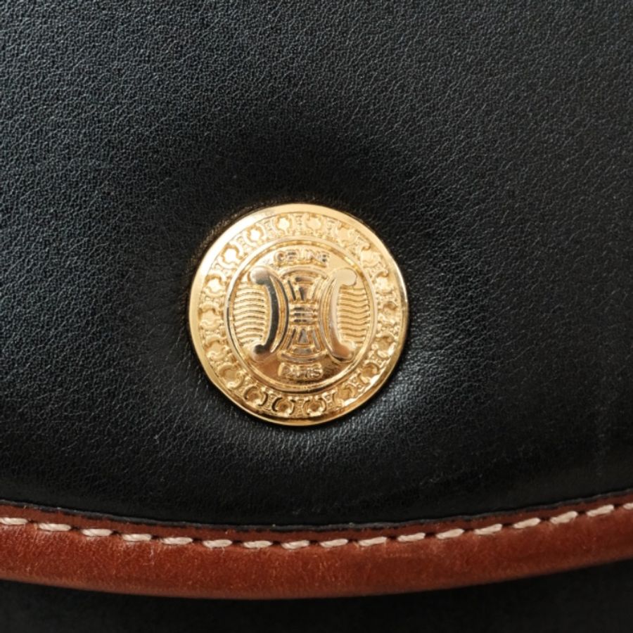 CELINE Vintage 1980s 經典凱旋門金餅 沉靜黑x焦糖棕撞色馬鞍斜背包-3