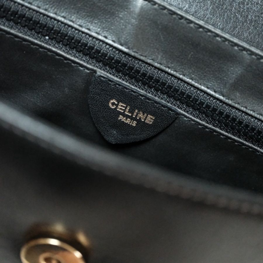 CELINE Vintage 1980s 經典凱旋門金餅 沉靜黑x焦糖棕撞色馬鞍斜背包-7