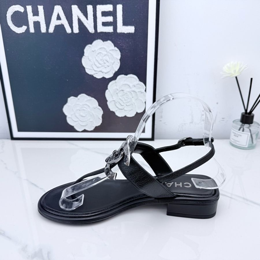 未使用 Chanel 香奈兒 黑色雙C寶石夾趾涼鞋 35.5碼-3