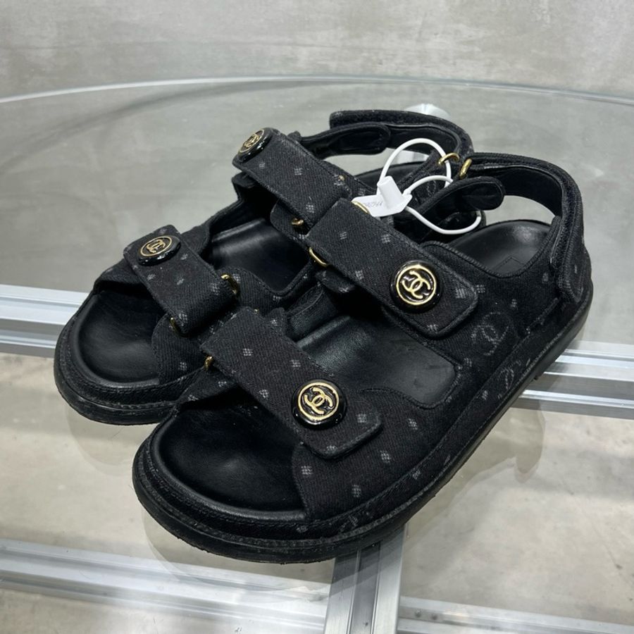 Chanel/香奈兒 黑色牛仔魔術貼涼鞋 尺碼/37碼-0