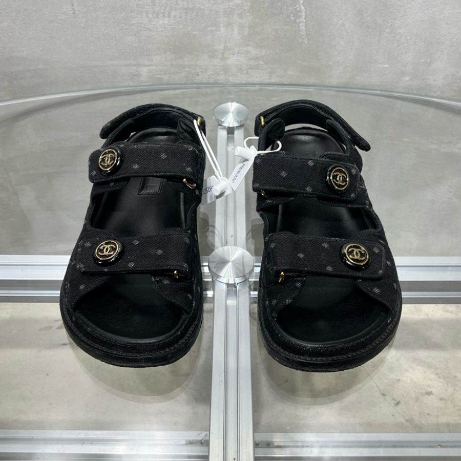 Chanel/香奈兒 黑色牛仔魔術貼涼鞋 尺碼/37碼-1