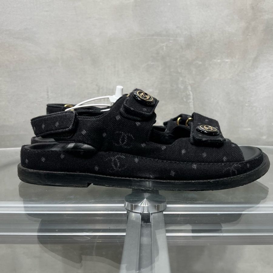 Chanel/香奈兒 黑色牛仔魔術貼涼鞋 尺碼/37碼-3