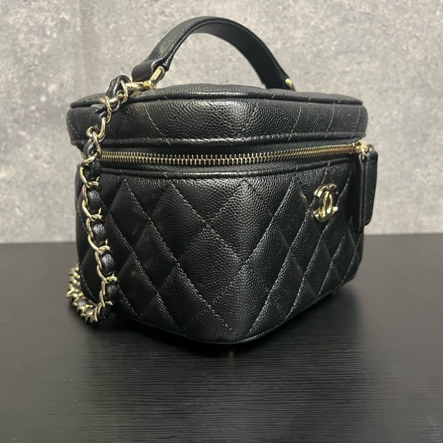 Chanel香奈兒22SS黑金顆粒牛菱格紋化妝盒手提單肩斜挎包 芯片款 尺寸15*11*12cm-3