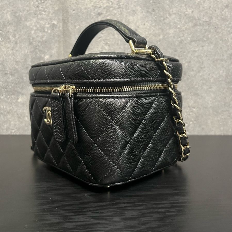 Chanel香奈兒22SS黑金顆粒牛菱格紋化妝盒手提單肩斜挎包 芯片款 尺寸15*11*12cm-4