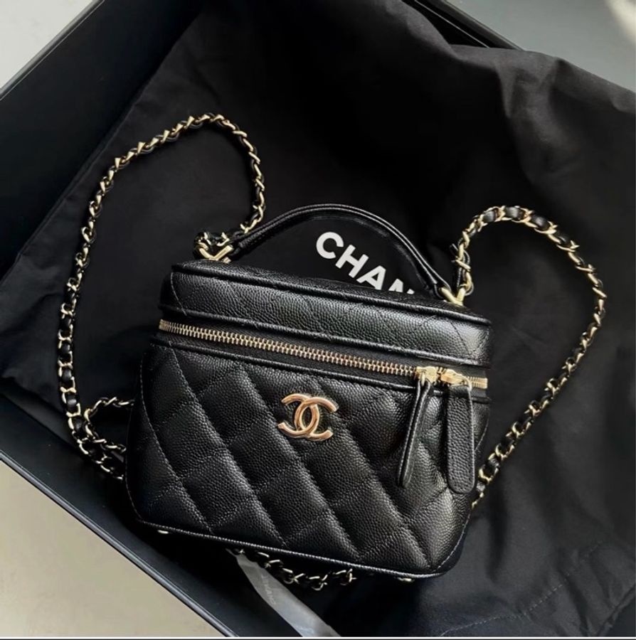 Chanel香奈兒22SS黑金顆粒牛菱格紋化妝盒手提單肩斜挎包 芯片款 尺寸15*11*12cm-7