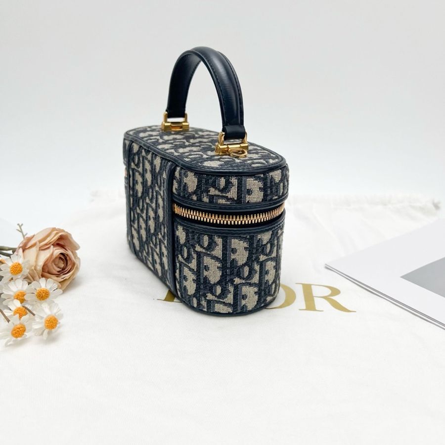 迪奧Dior 藍色刺繡老花 手柄圓盒子化妝包手提包斜挎包肩背包 底長 17cm-3