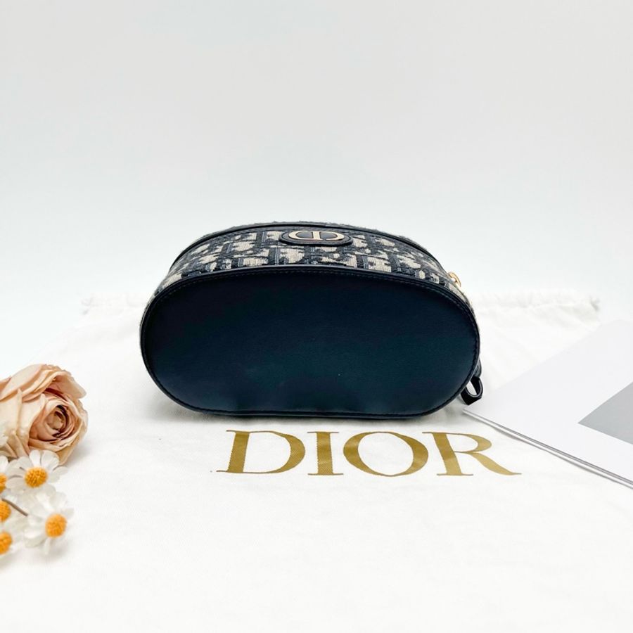 迪奧Dior 藍色刺繡老花 手柄圓盒子化妝包手提包斜挎包肩背包 底長 17cm-4