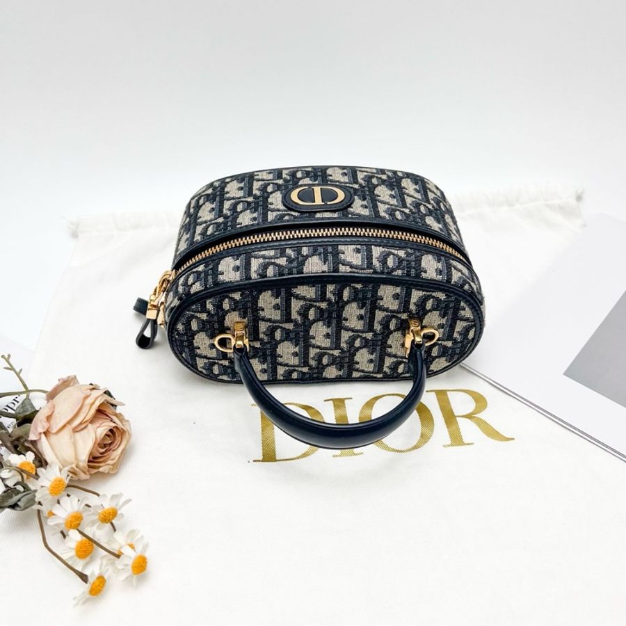 迪奧Dior 藍色刺繡老花 手柄圓盒子化妝包手提包斜挎包肩背包 底長 17cm-5
