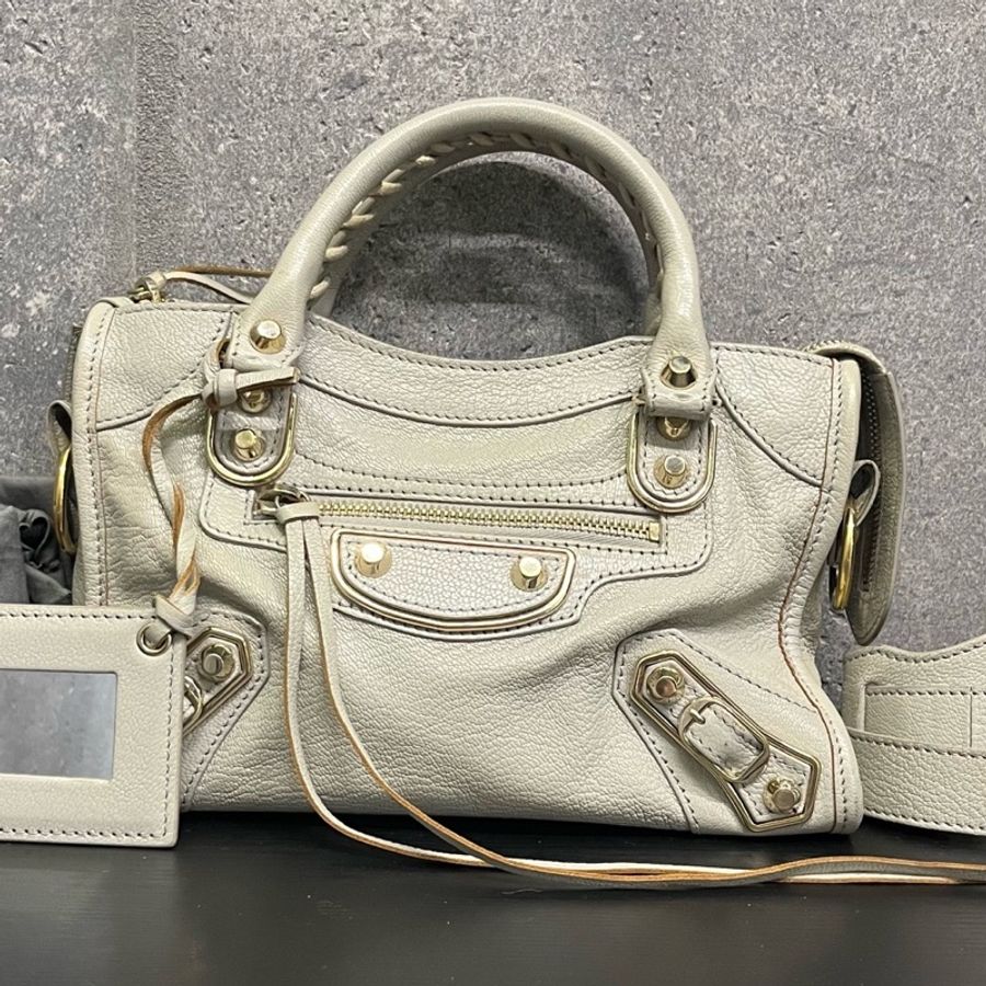 Balenciaga巴黎世家Mini Le City淺灰色金扣迷你機車手提單肩斜挎包 尺寸24*16*9cm附件:肩帶 塵袋 鏡子-0