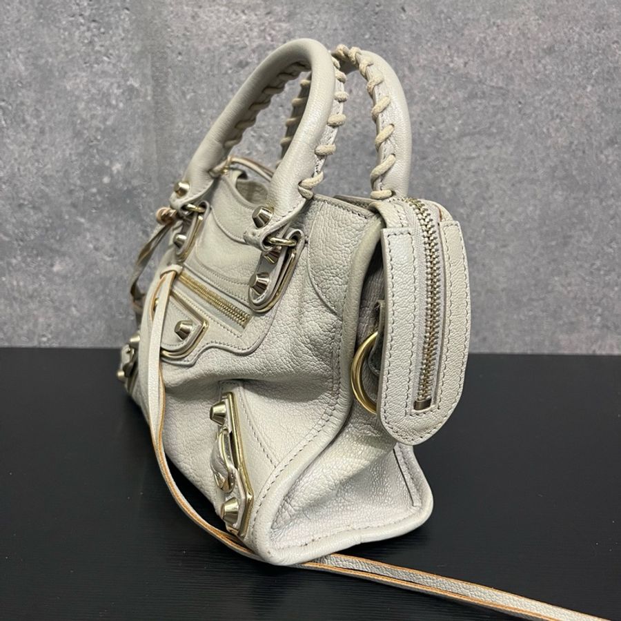 Balenciaga巴黎世家Mini Le City淺灰色金扣迷你機車手提單肩斜挎包 尺寸24*16*9cm附件:肩帶 塵袋 鏡子-3