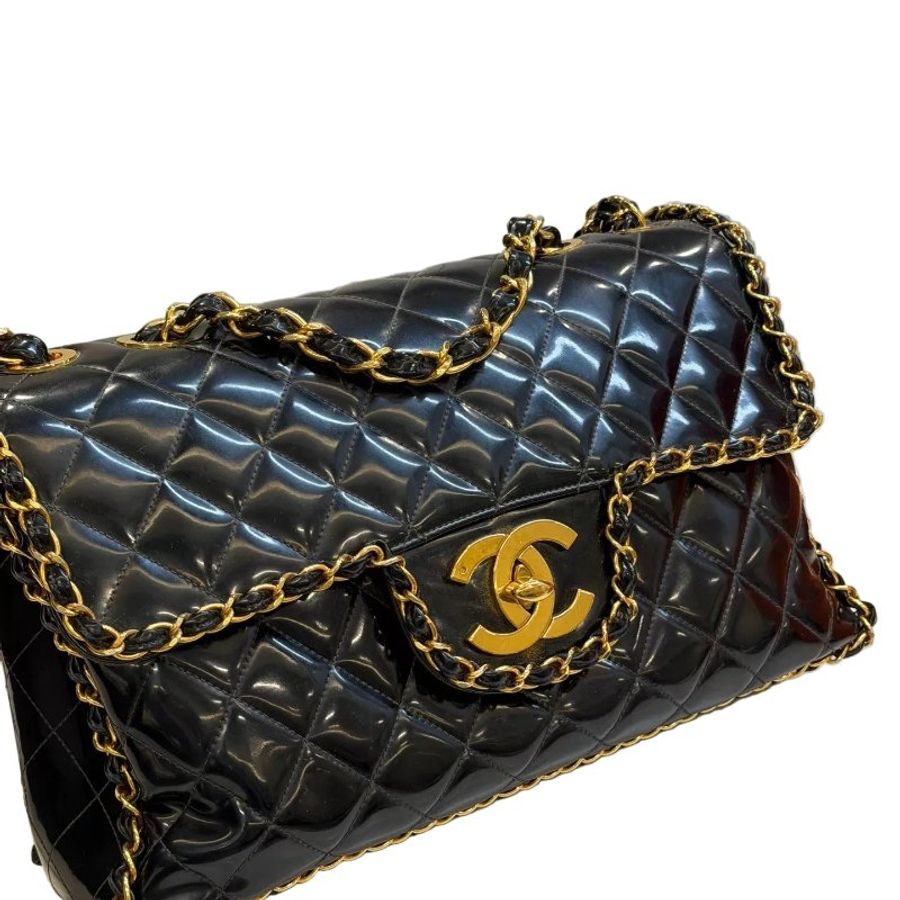 Chanel香奈兒黑金滾邊漆皮限量貝嫂鏈條包-8