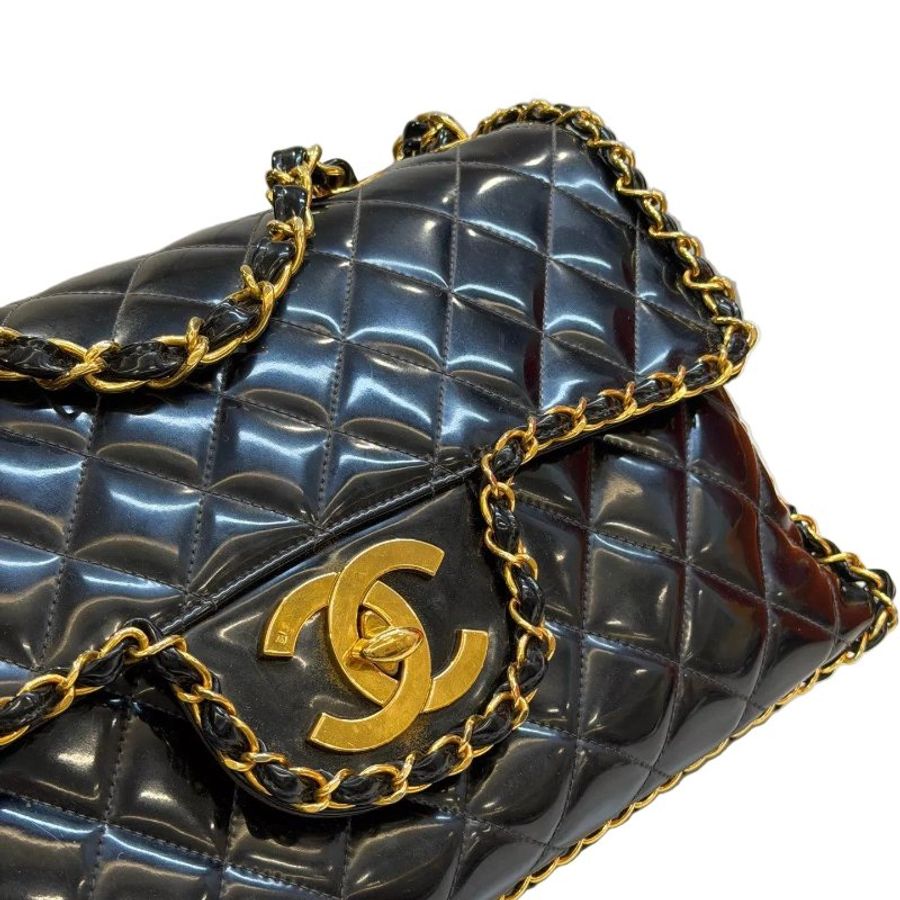 Chanel香奈兒黑金滾邊漆皮限量貝嫂鏈條包-18