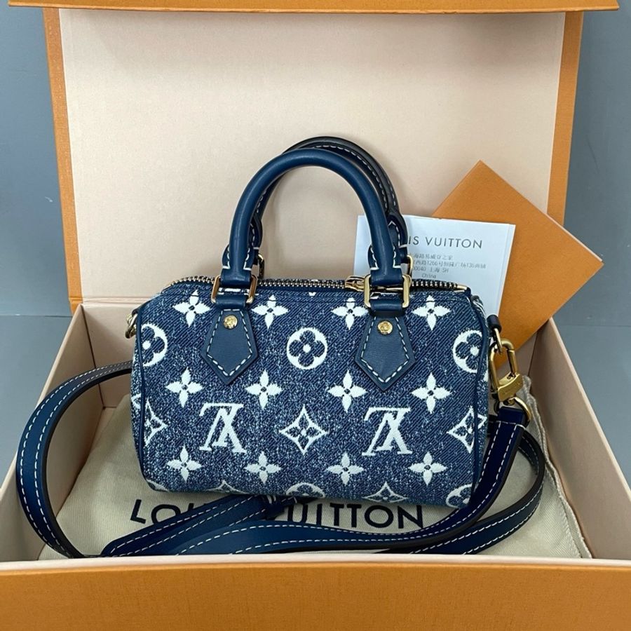 路易威登/Louis Vuitton speedy nano藍色丹寧手提包斜挎包 芯片款-1