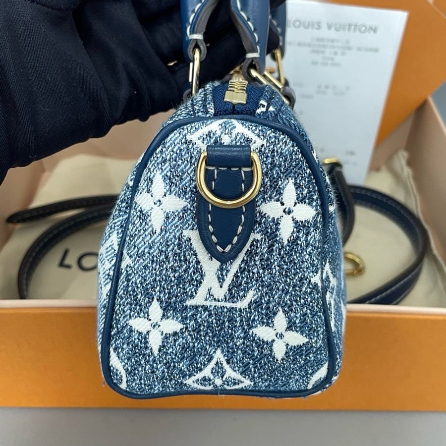 路易威登/Louis Vuitton speedy nano藍色丹寧手提包斜挎包 芯片款-3