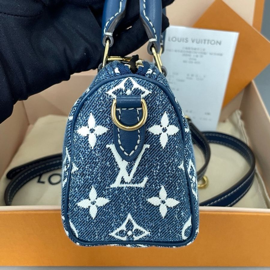 路易威登/Louis Vuitton speedy nano藍色丹寧手提包斜挎包 芯片款-4