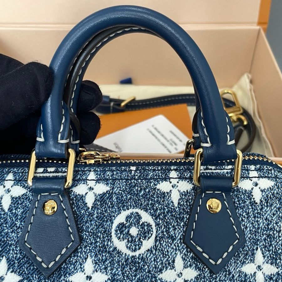 路易威登/Louis Vuitton speedy nano藍色丹寧手提包斜挎包 芯片款-6