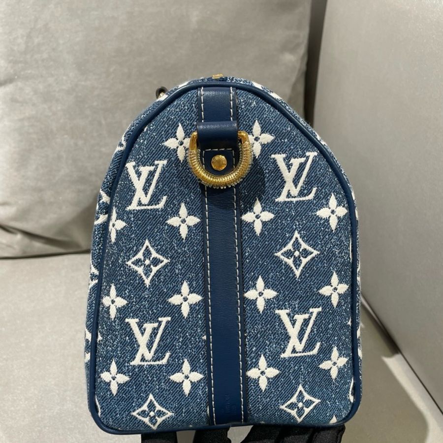 路易威登/Louis Vuitton speedy25 藍色牛仔單寧老花肩帶款手提包斜挎包 金扣-2