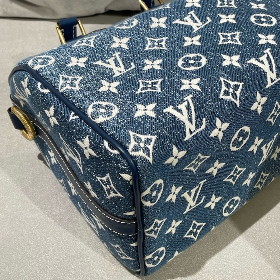 路易威登/Louis Vuitton speedy25 藍色牛仔單寧老花肩帶款手提包斜挎包 金扣-5