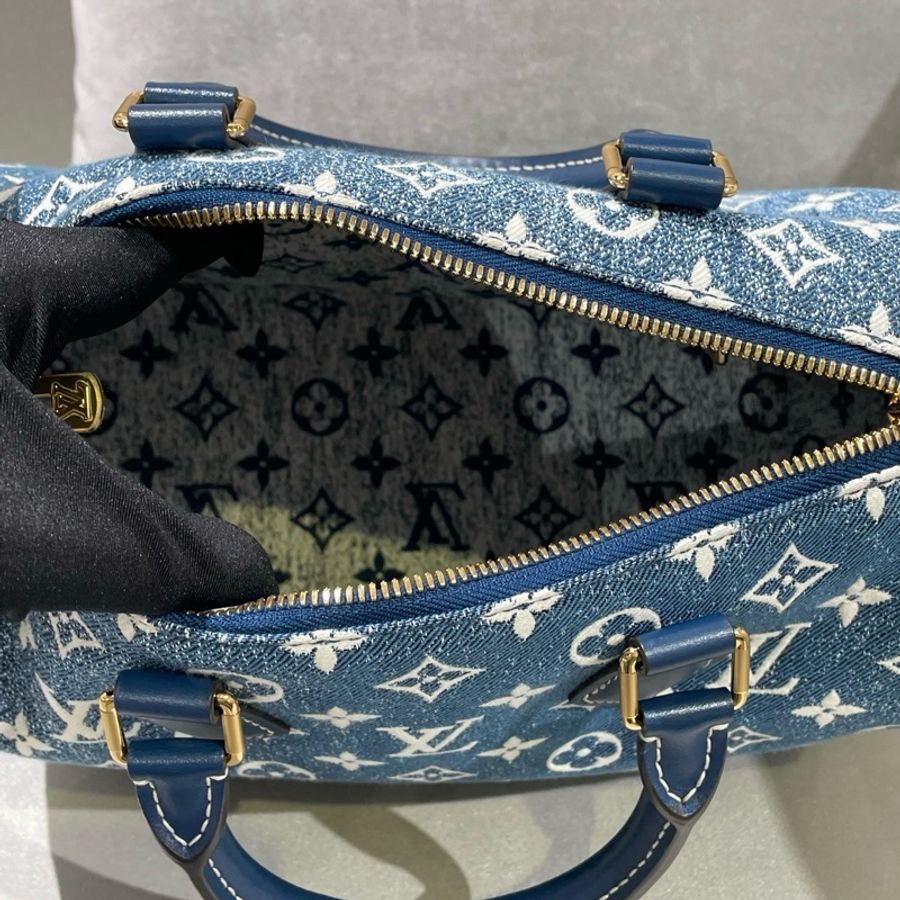 路易威登/Louis Vuitton speedy25 藍色牛仔單寧老花肩帶款手提包斜挎包 金扣-7
