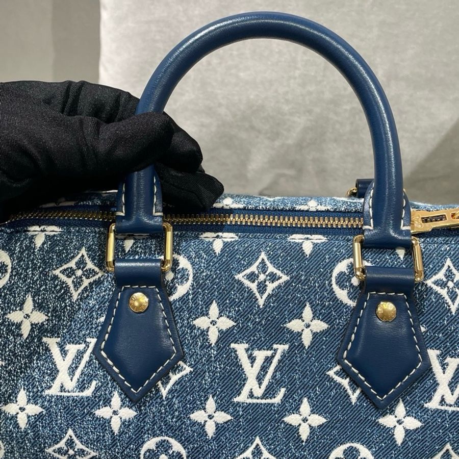 路易威登/Louis Vuitton speedy25 藍色牛仔單寧老花肩帶款手提包斜挎包 金扣-9