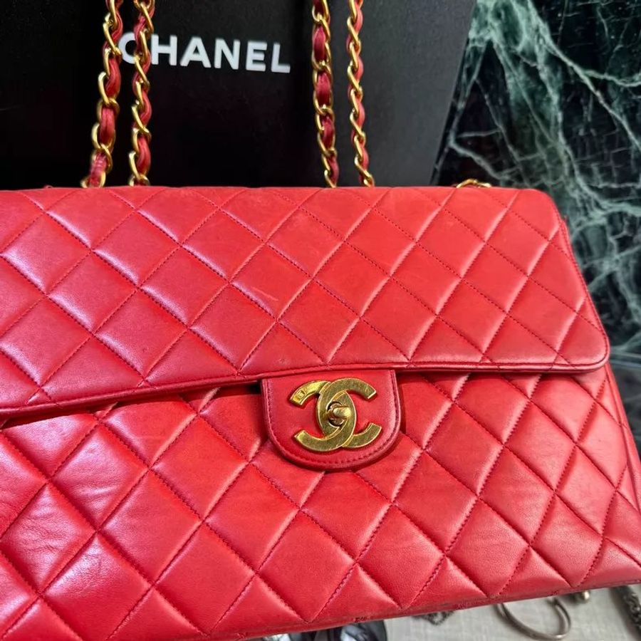 Chanel香奈兒紅金大雙C 扣菱格紋鏈條包-1