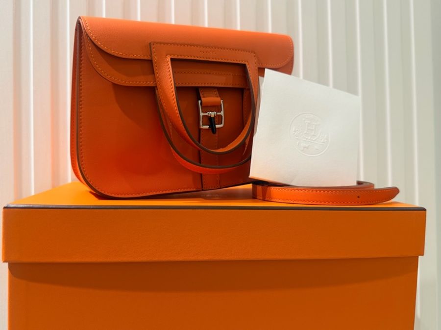 【全新現貨 2026 最新 G 刻】Hermès Mini Halzan 經典橘(33 Orange)銀釦 Swift皮 義大利專櫃全配(附購正)-1