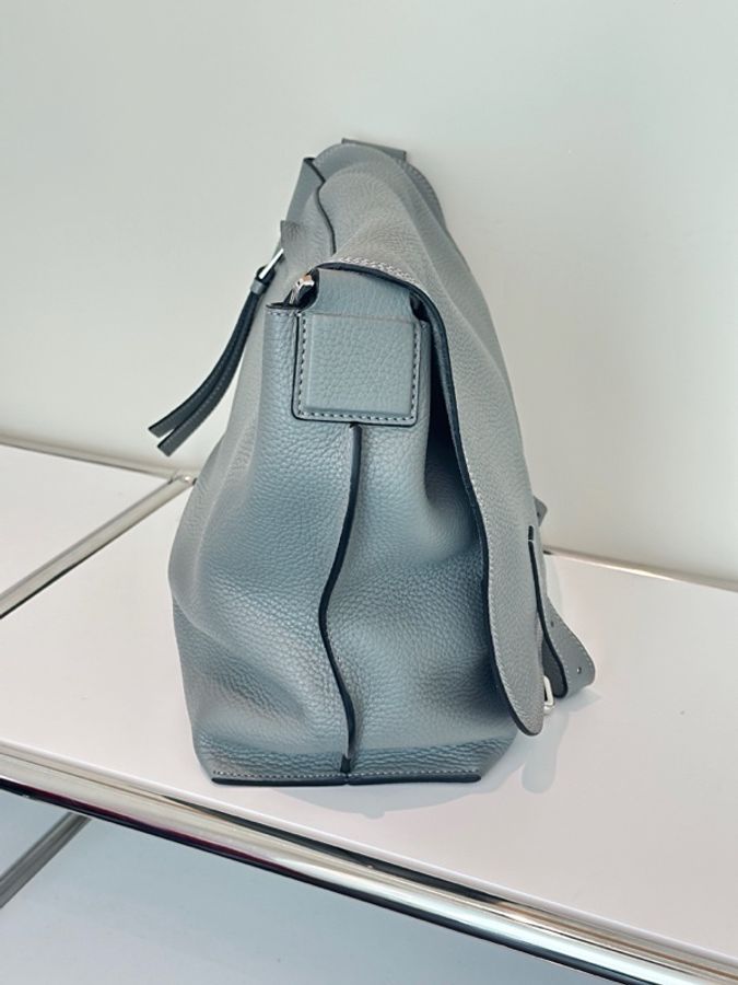 Loewe羅意威 Messenger 大號灰色荔枝紋牛皮銀扣郵差包 斜挎包 -2