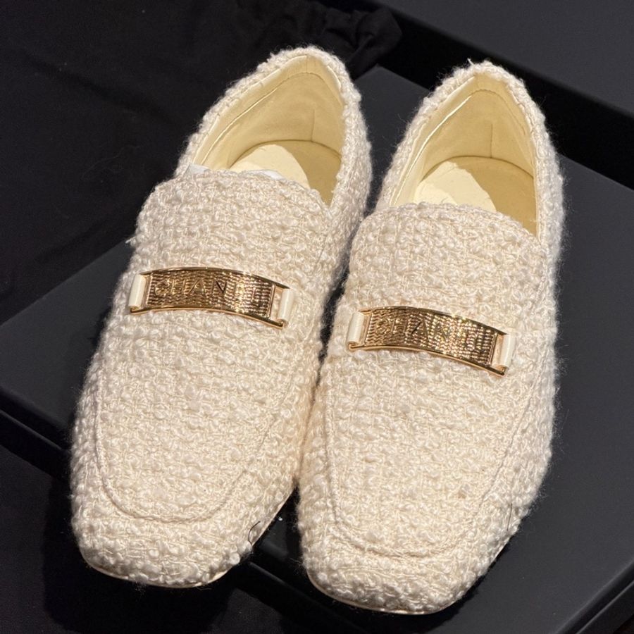 Chanel香奈兒 白金粗花呢樂福鞋36碼 附件塵袋-0