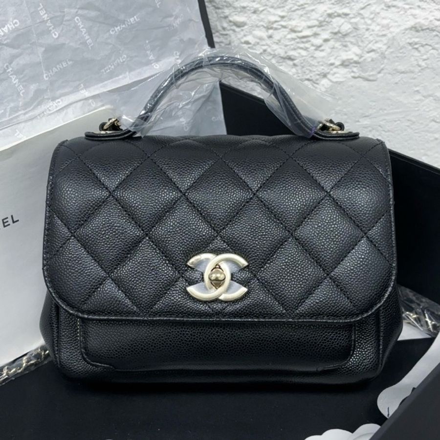 99新 Chanel香奈兒 黑金荔枝紋魚子醬牛皮affinity郵差包 芯片款 牛皮手提單肩斜挎包-0