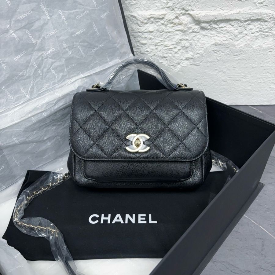 99新 Chanel香奈兒 黑金荔枝紋魚子醬牛皮affinity郵差包 芯片款 牛皮手提單肩斜挎包-1