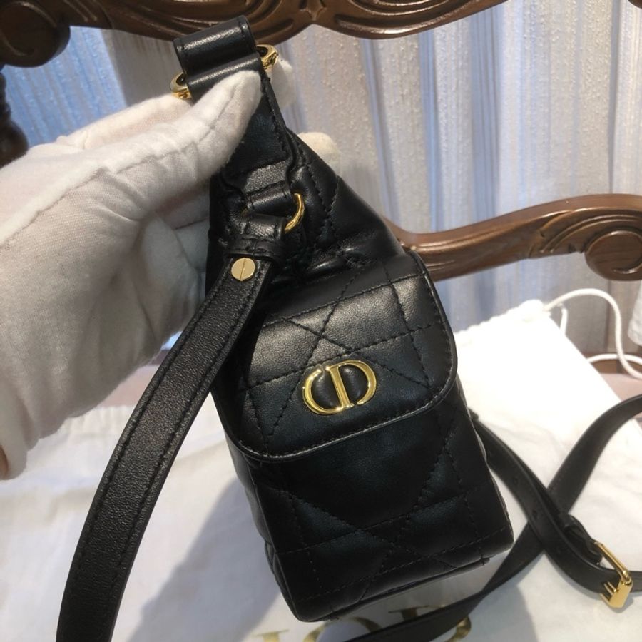 迪奧Dior 黑色全皮飯盒包手提包腋下包斜挎包 小號 金扣-2