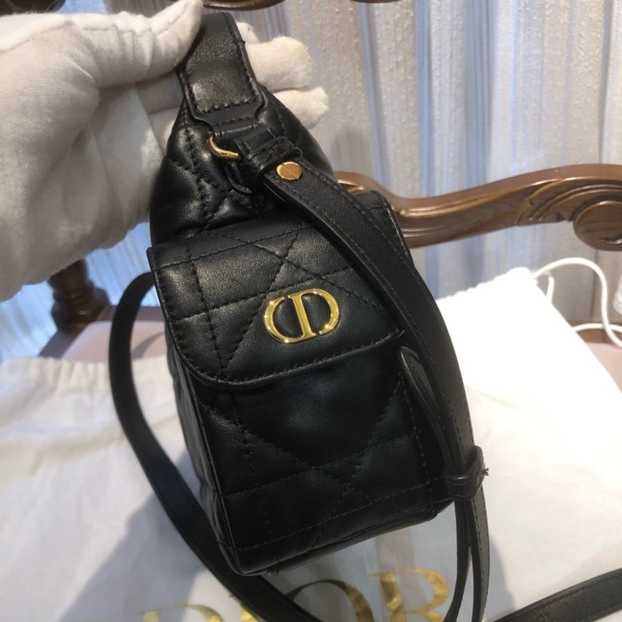 迪奧Dior 黑色全皮飯盒包手提包腋下包斜挎包 小號 金扣-3