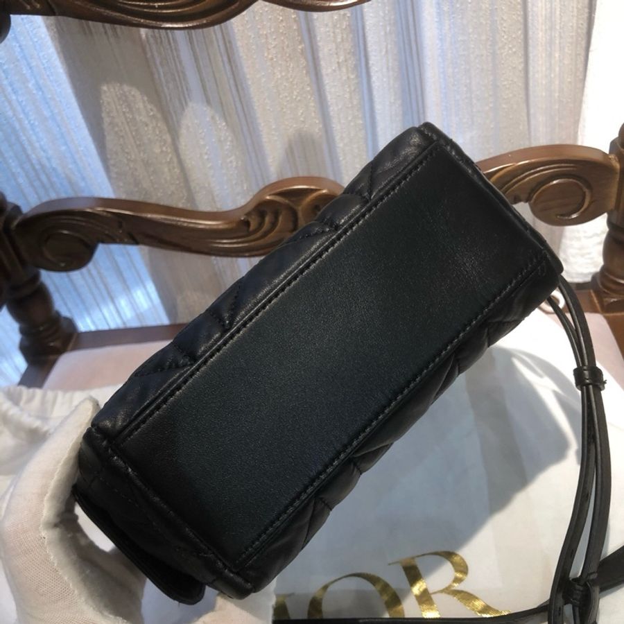 迪奧Dior 黑色全皮飯盒包手提包腋下包斜挎包 小號 金扣-4