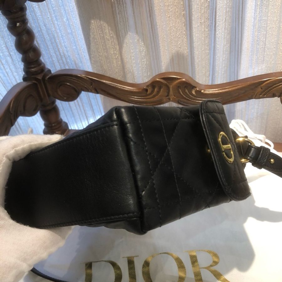 迪奧Dior 黑色全皮飯盒包手提包腋下包斜挎包 小號 金扣-7