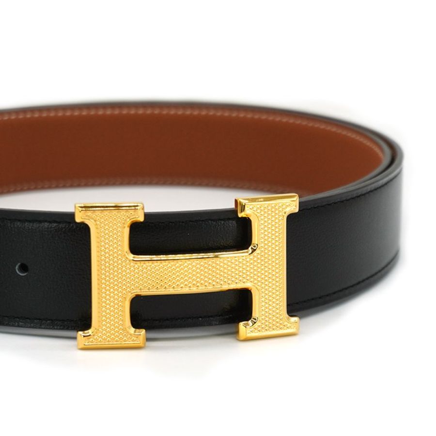 Hermes 展示品 Guillochee H logo牛皮金釦雙面用腰帶/皮帶-90cm(黑/金棕)-1