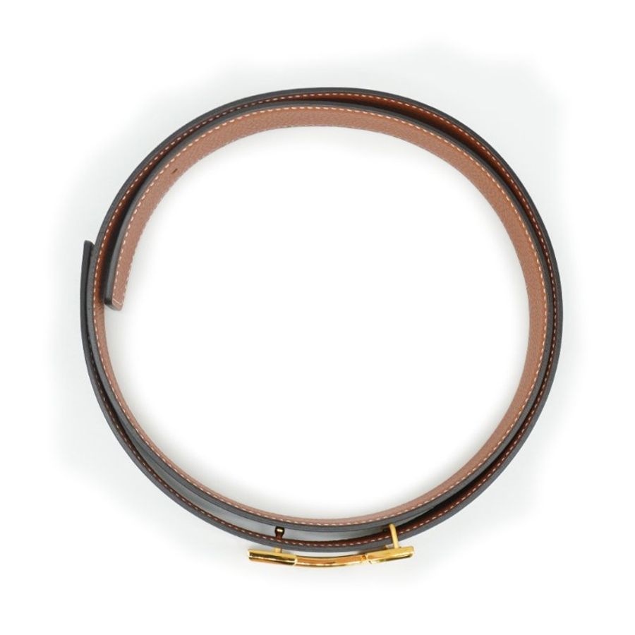 Hermes 展示品 Guillochee H logo牛皮金釦雙面用腰帶/皮帶-90cm(黑/金棕)-2