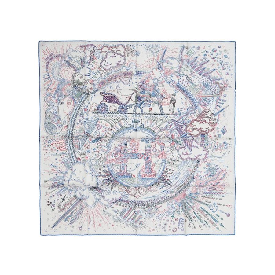 Hermes Please hold the line 塗鴉線條圖案絲巾/方巾-90cm(白/藍/紅)-0