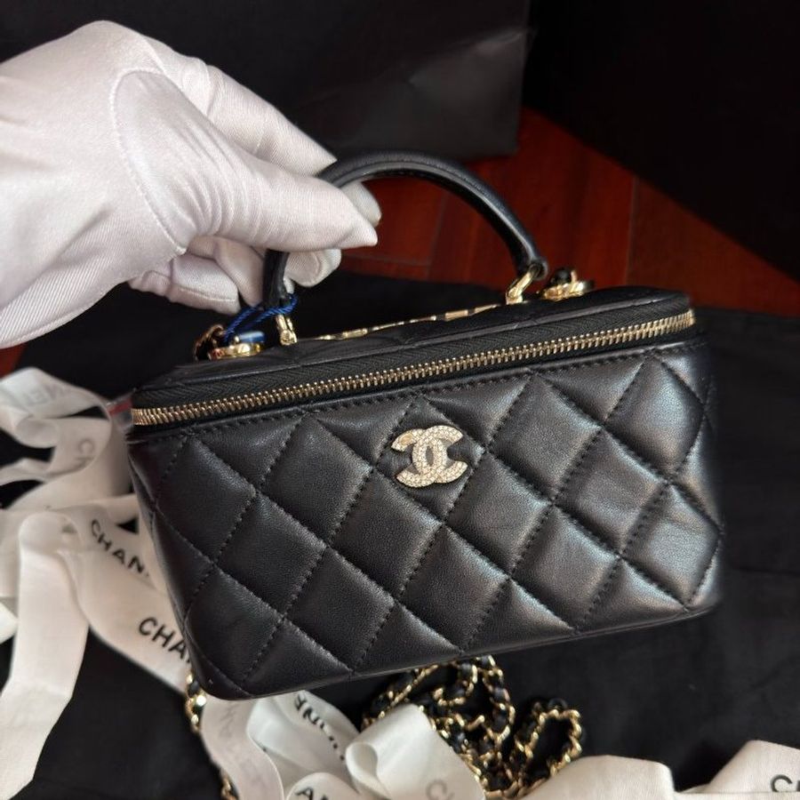 近新品 香奈兒/Chanel 黑金鑽扣長盒子鏈條包-5