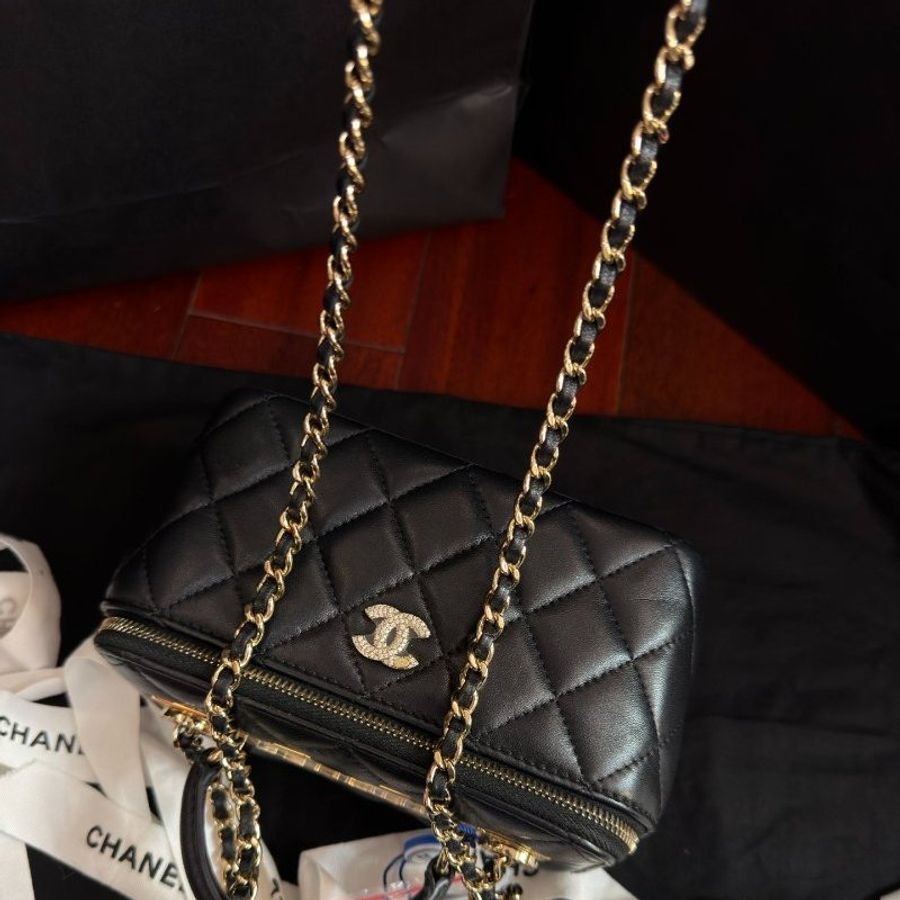 近新品 香奈兒/Chanel 黑金鑽扣長盒子鏈條包-10
