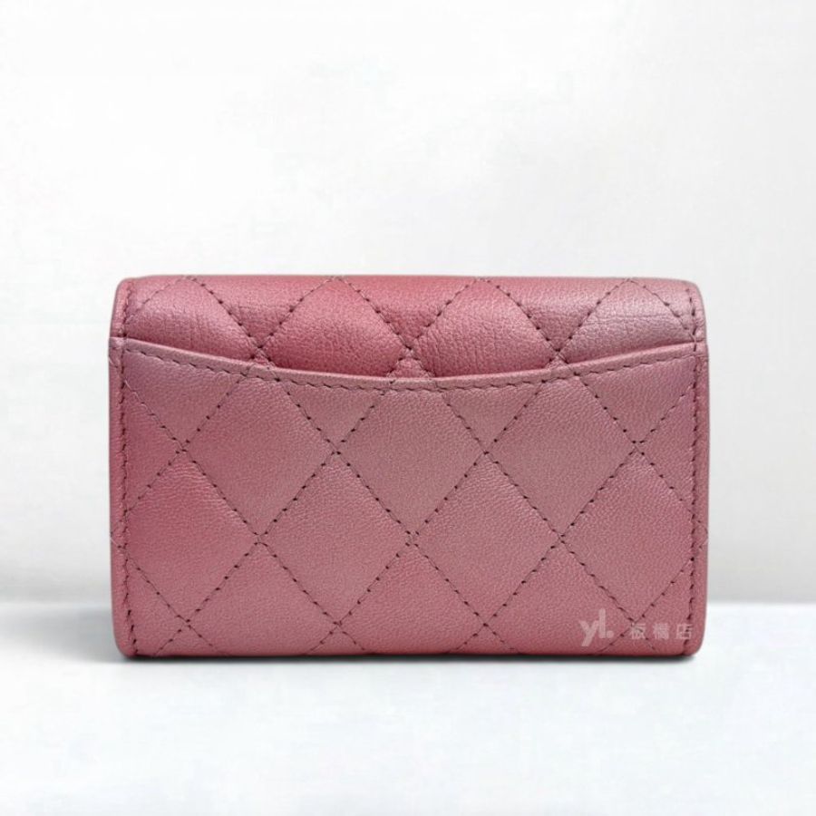 S3564-CHANEL 粉牛皮金釦口蓋卡片零錢包AP0214-1