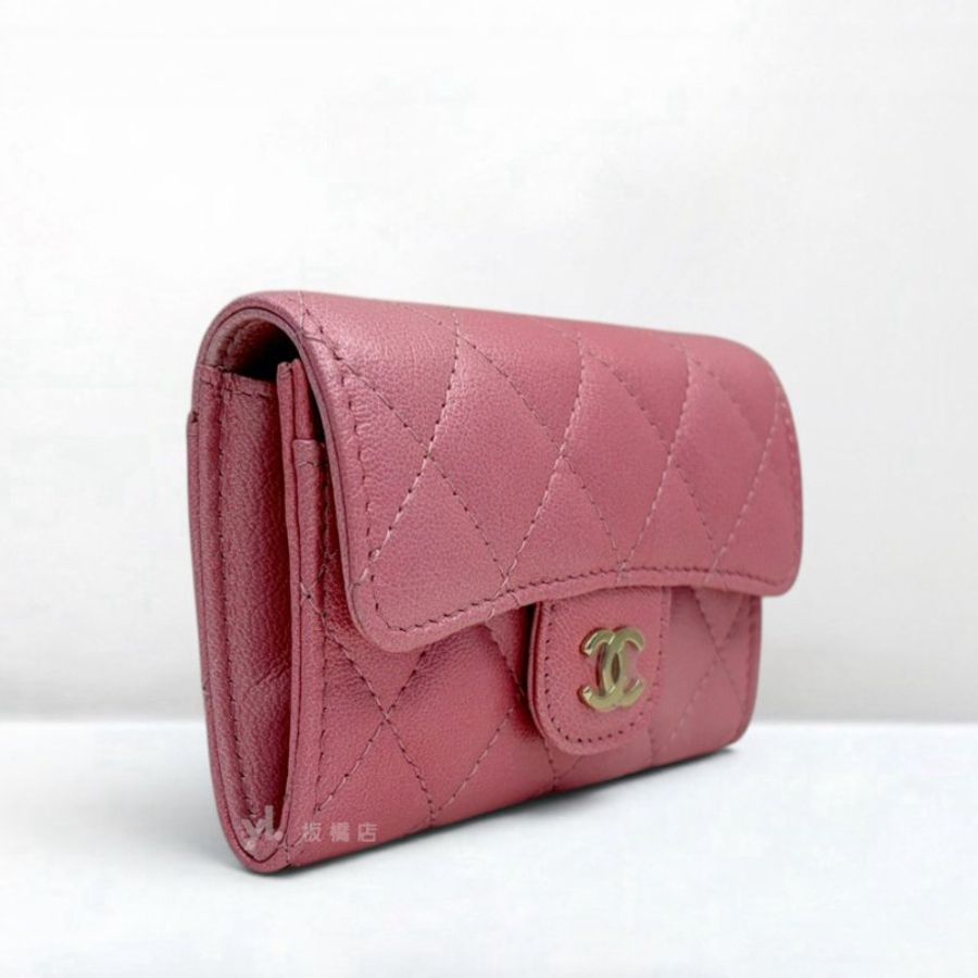 S3564-CHANEL 粉牛皮金釦口蓋卡片零錢包AP0214-2