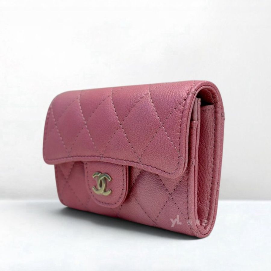 S3564-CHANEL 粉牛皮金釦口蓋卡片零錢包AP0214-3