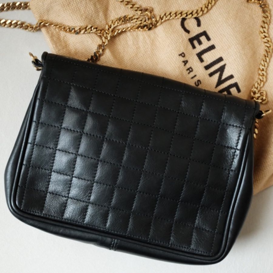 Celine Vintage 1980s 經典黑金方格壓紋 橢圓凱旋門小羊皮金鍊包-1