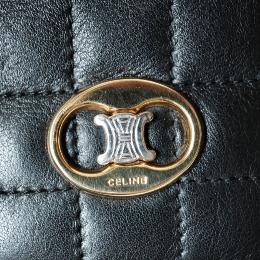 Celine Vintage 1980s 經典黑金方格壓紋 橢圓凱旋門小羊皮金鍊包-6